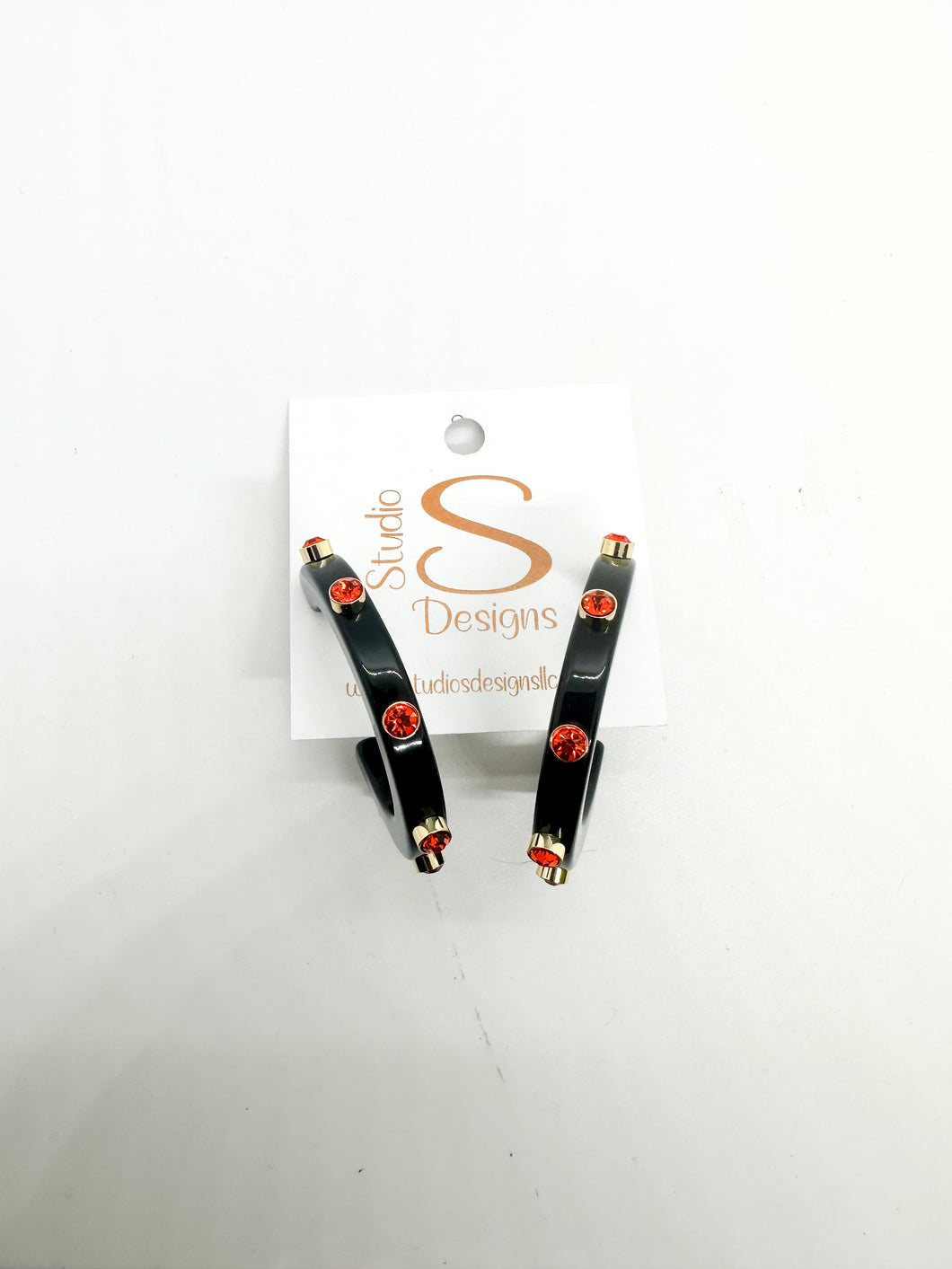 Bejeweled 1 1/4” hoops - Oklahoma State Black with orange stones