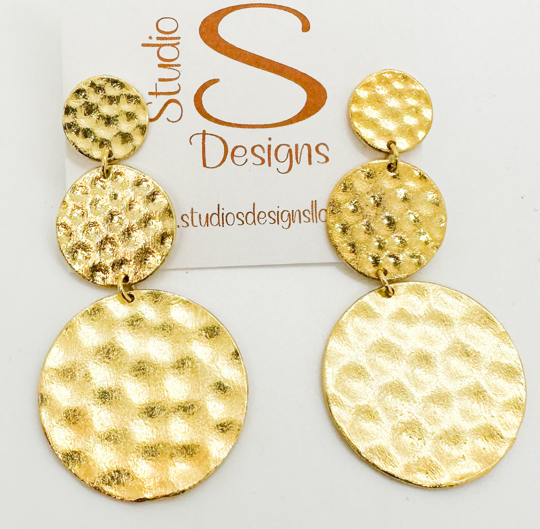 EARRINGS-GOLD PLATED BRASS THREE CIRCLE DROP EARRINGS