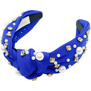 Blue w/ Pearls and Clear Crystals Headband No