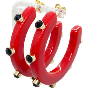 BeJeweled 1 1/4" Hoops-Georgia Red with Black Rhinestones