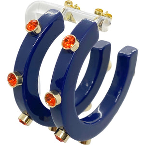 BeJeweled 1 1/4" Hoops-Auburn Navy with Orange Rhinestones