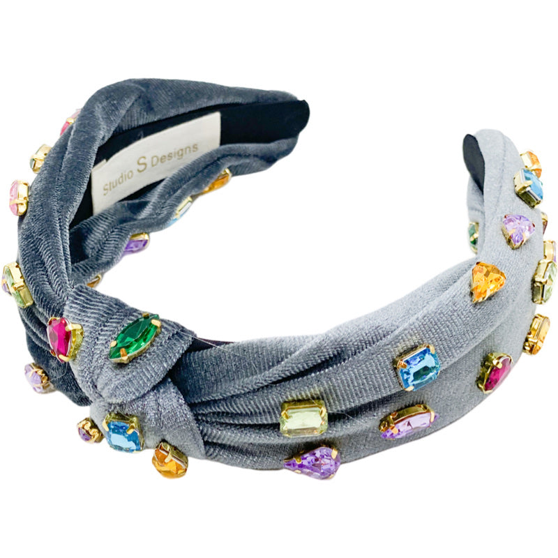 Gray Velvet Multi-Colored Rhinestone Embellished Headband by
