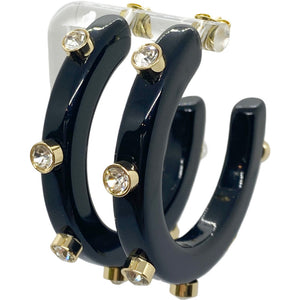BeJeweled 1 1/4" Hoops-Black with Clear Rhinestones