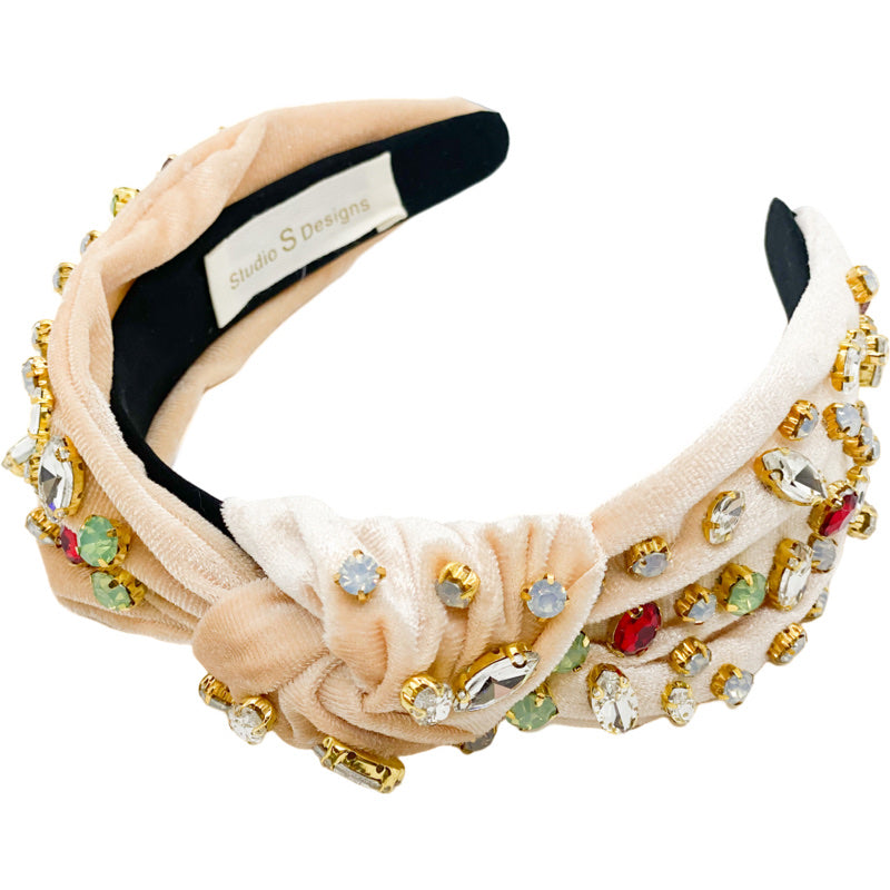 Dark Ivory Velvet with Multi-Colored Rhinestones Headband