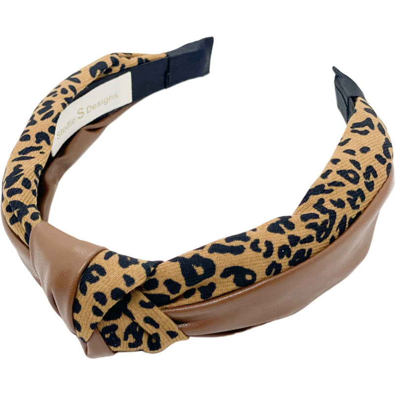 Brown Faux Leather Leopard Headband