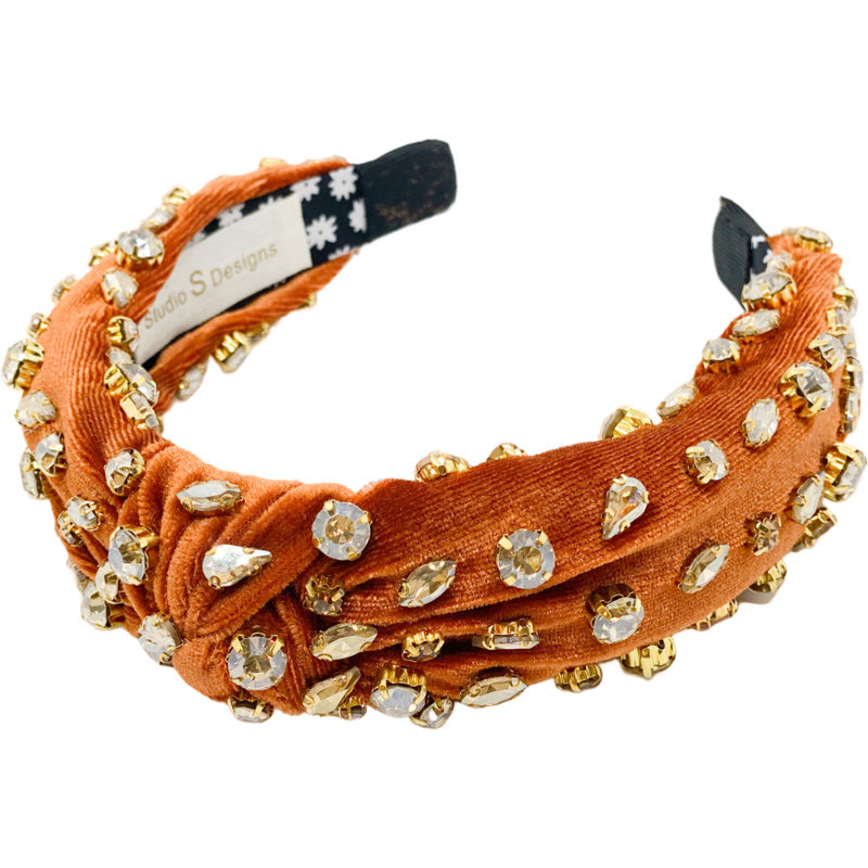 Rust Colored Velvet with Clear Rhinestones Headband No