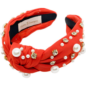 Red with Pearl and Clear Rhinestones Headband