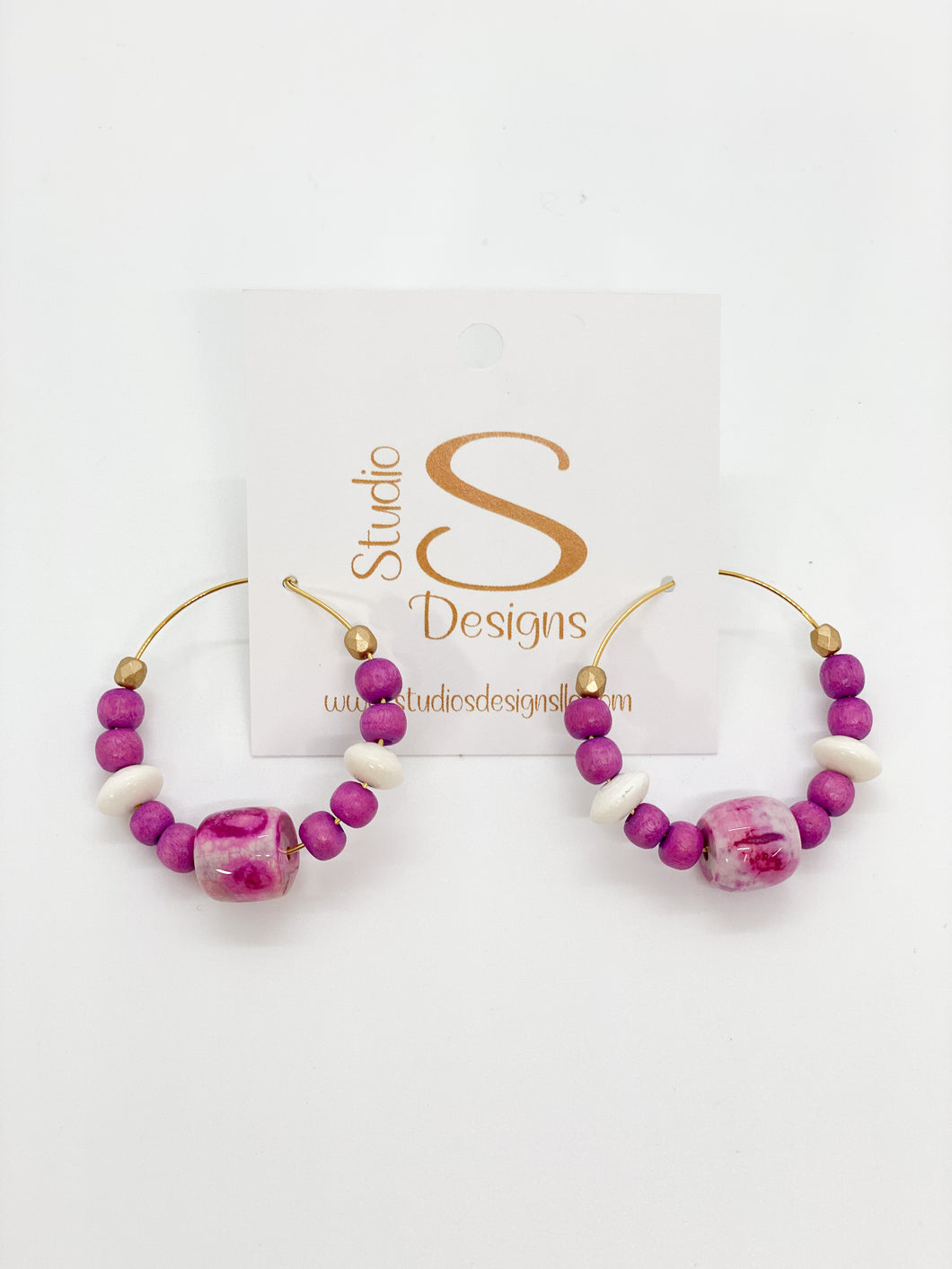 Beaded Hoop Earrings - Pink Gold Cream