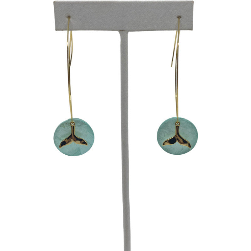 Long Hoop Earrings with Aqua Pearl Disc and Gold Whaletail