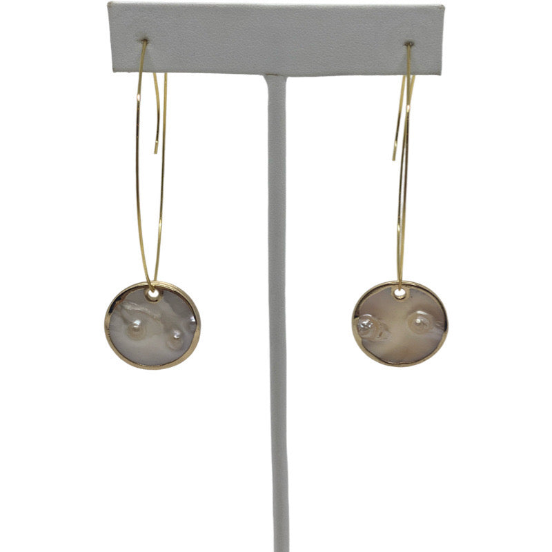 Long Hoop Earrings with Round Pearl Disc