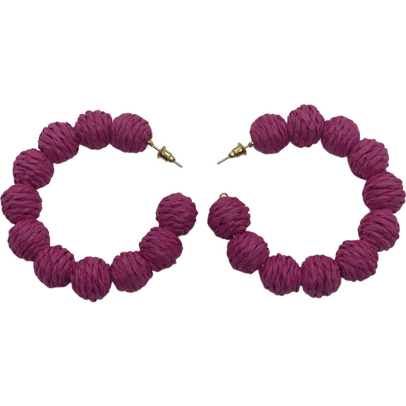 Raffia Ball Hoops-Hot Pink