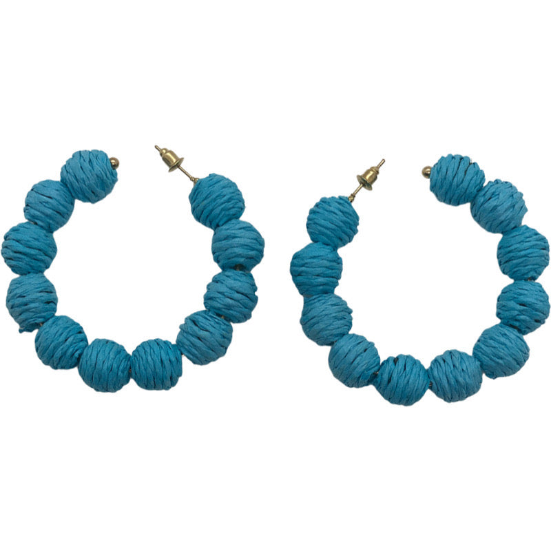 Raffia Ball Hoops-Light Blue