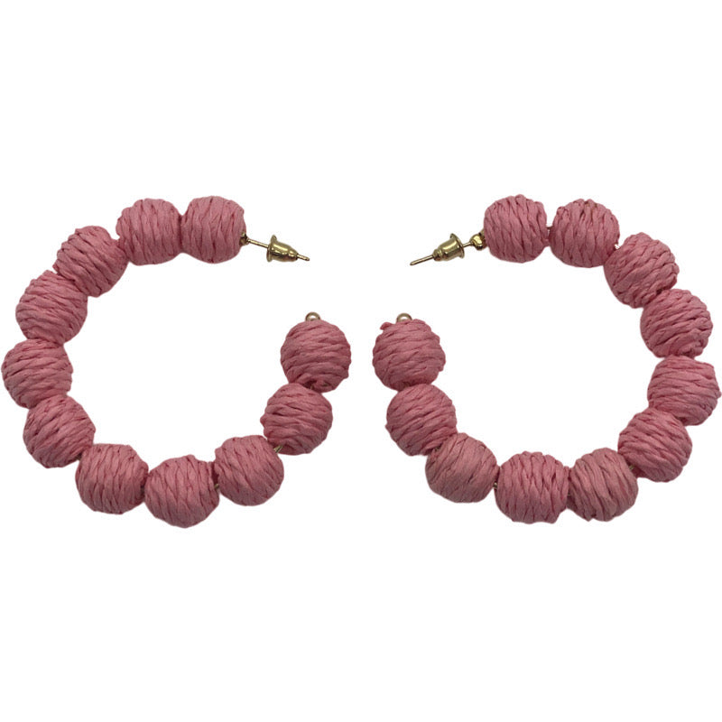 Raffia Ball Hoops-Pink