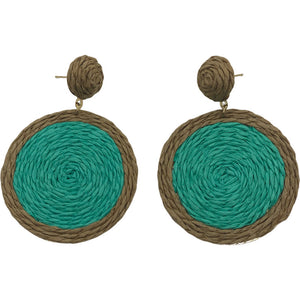 Raffia Circle Earrings-Green/Tan