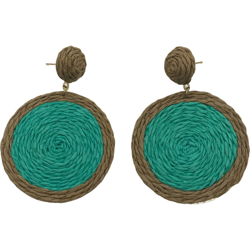 Raffia Circle Earrings-Green/Tan