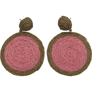 Raffia Circle Earrings-Pink/Tan