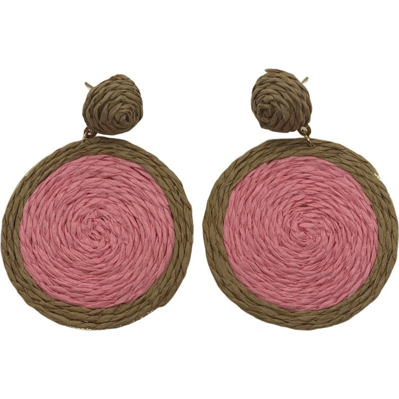 Raffia Circle Earrings-Pink/Tan