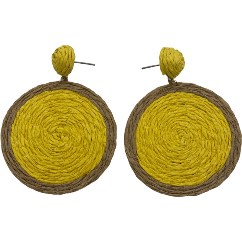 Raffia Circle Earrings-Yellow/Tan