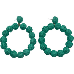 Raffia Ball Closed Hoop Earrings-Green