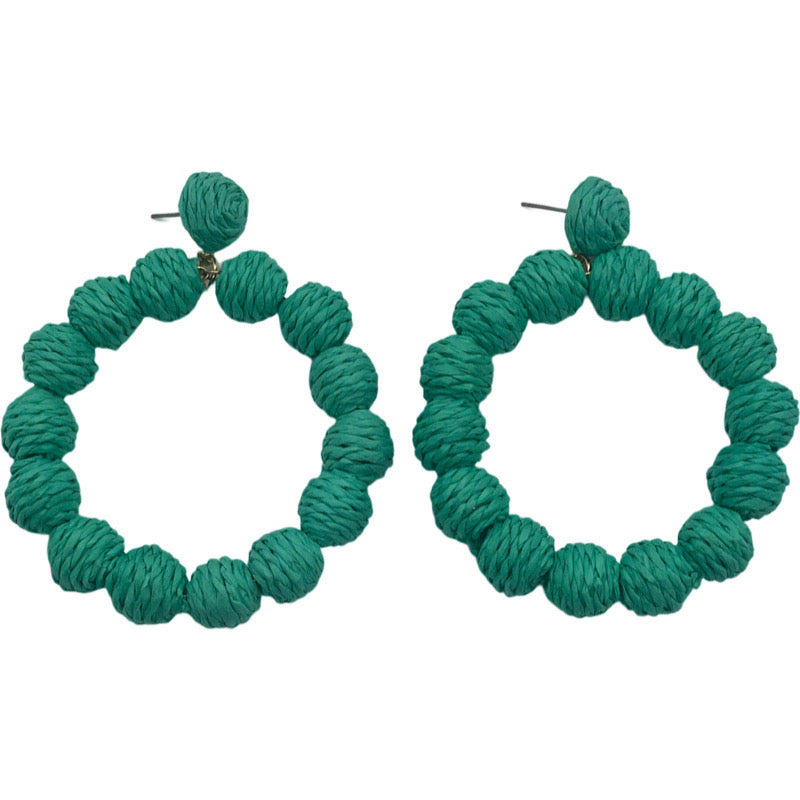 Raffia Ball Closed Hoop Earrings-Green