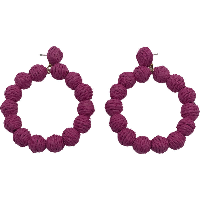 Raffia Ball Closed Hoop Earrings-Hot Pink