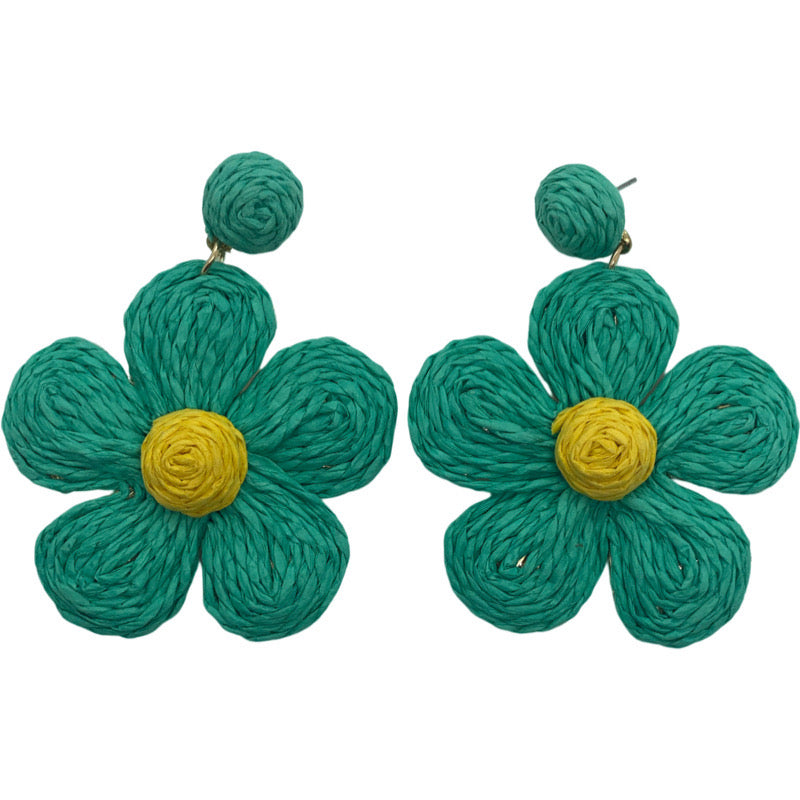 Raffia Flower Earrings-Green