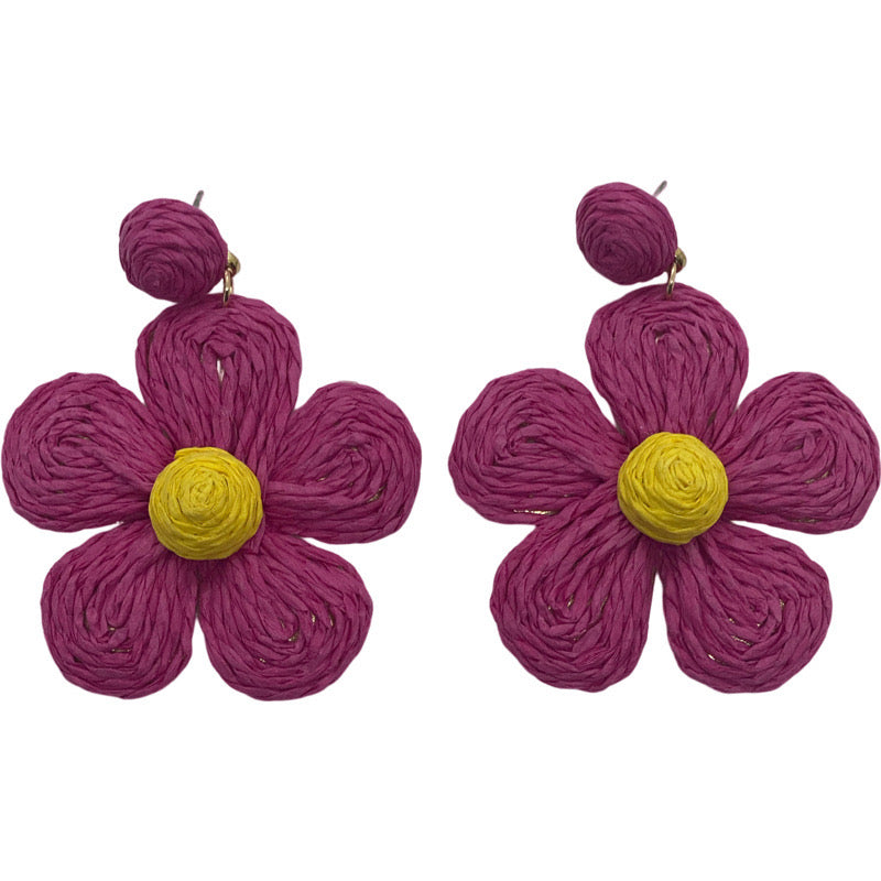 Raffia Flower Earrings-Hot Pink