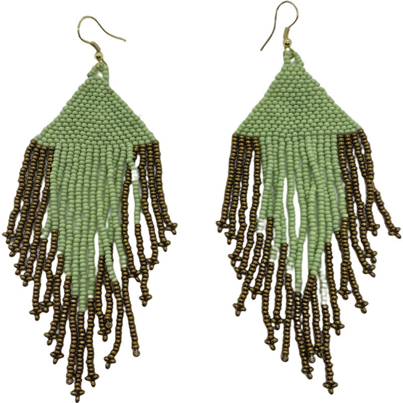 Glass Beaded Peacock Earrings-Green Bronze