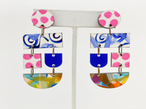 Monica Earrings-White Pink Dots Blue Teal Gold