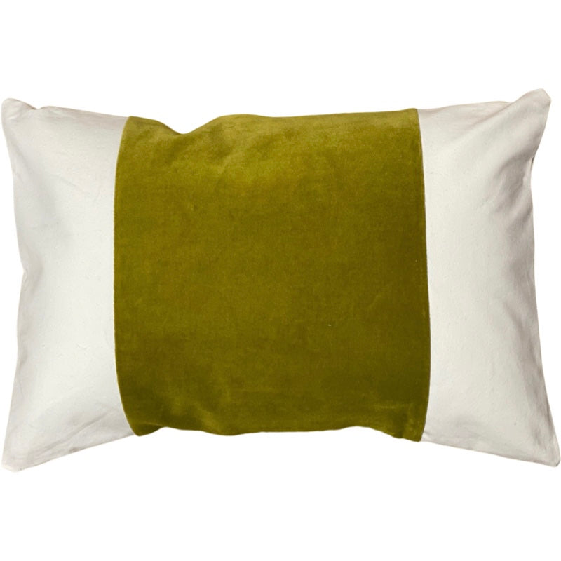 Throw Pillow  13 x 19 white with olive green velvet panel