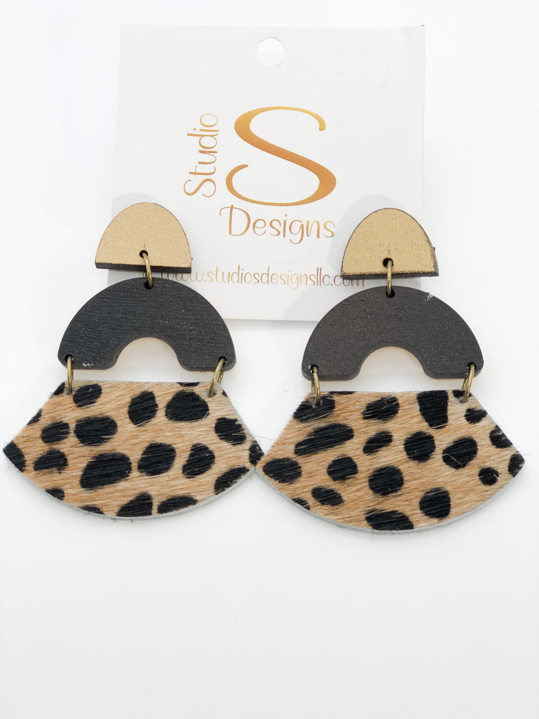 Sophie Earrings-Dk Gold Black Mini Cheetah Camel Black Hair Leather