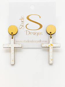 Crosses Earrings-Gold White