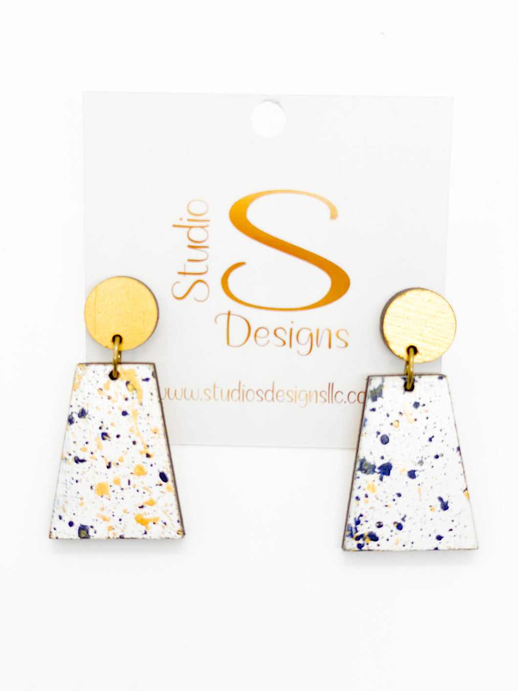 Cassie Earrings-Gold White Navy Gold Splatter