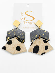 Kimberly Earrings-Gold Black Cheetah Print Hair Leather