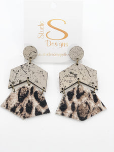 Kimberly Earrings-Tan Brown Black Snow Leopard Hair Leather