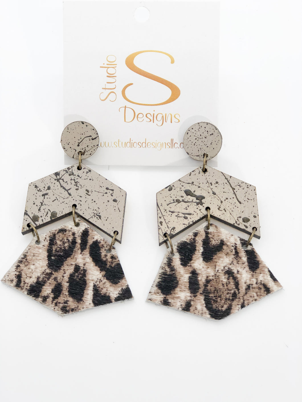 Kimberly Earrings-Tan Brown Black Snow Leopard Hair Leather