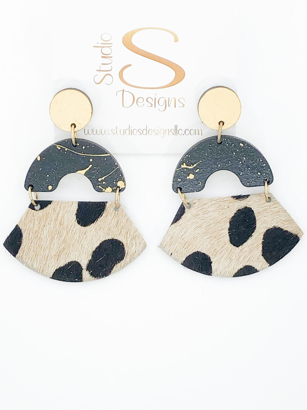 Sophie Earrings-Gold Black Tan Black Hair Leather