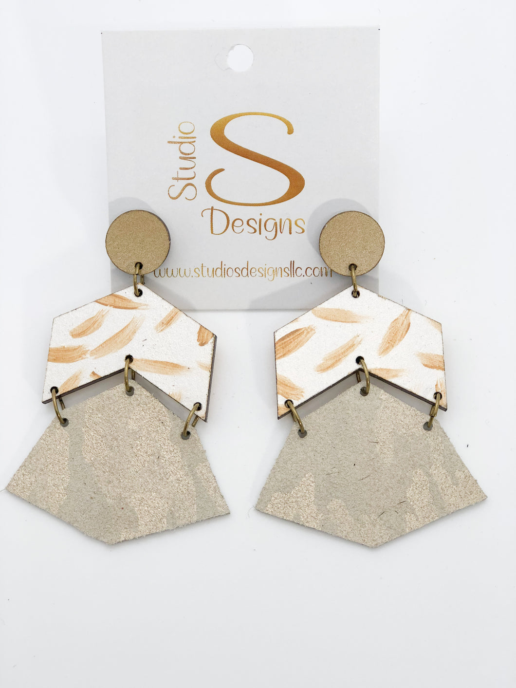 Kimberly Earrings-Dk Gold Naturals Gold Beige Camo Leather