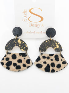 Sophie Earrings-Black Gold Mini Cheetah Camel Brown Hair Leather