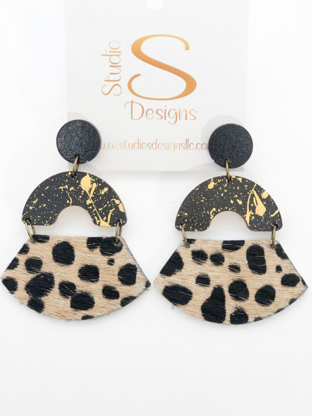 Sophie Earrings-Black Gold Mini Cheetah Camel Brown Hair Leather