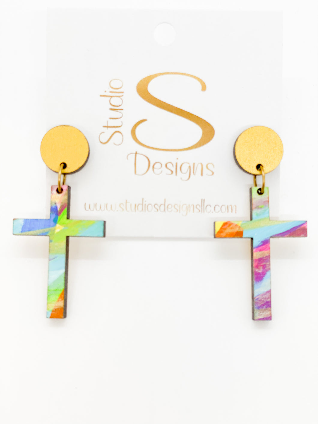 Crosses Earrings-Gold Aqua Green Magenta Orange
